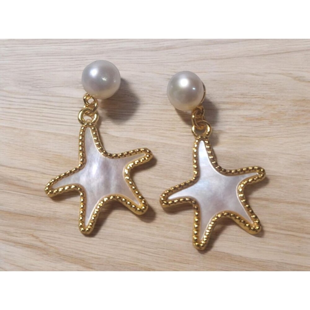 Mother of Pearl Starfish Stud Earrings, 14K Gold Plated  Pearl Cute White Rabbit - Picture 5 of 10